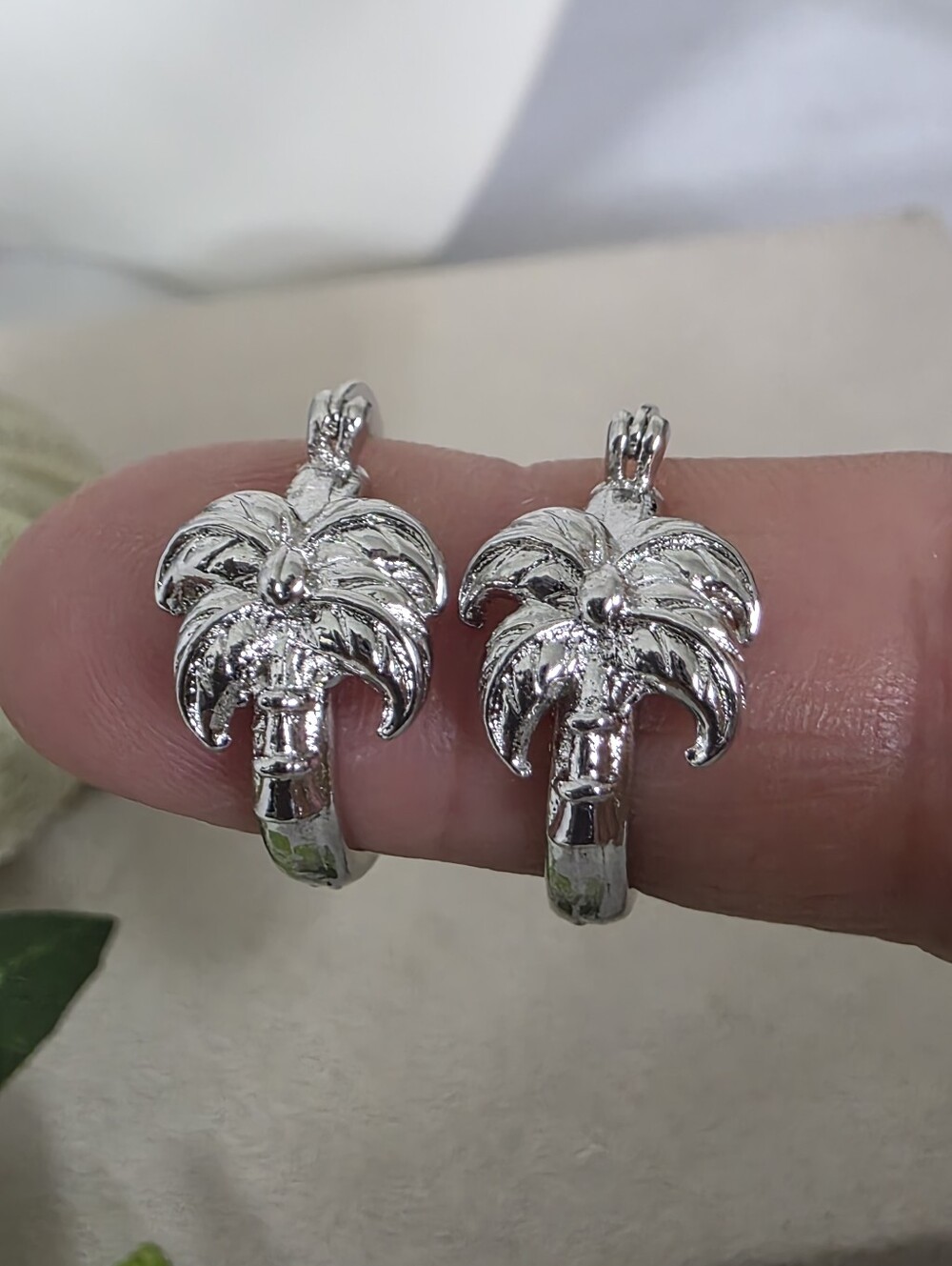 Rhodium Plated Palm Tree Hoop Earrings Silver Tone Tropical Coastal Huggie